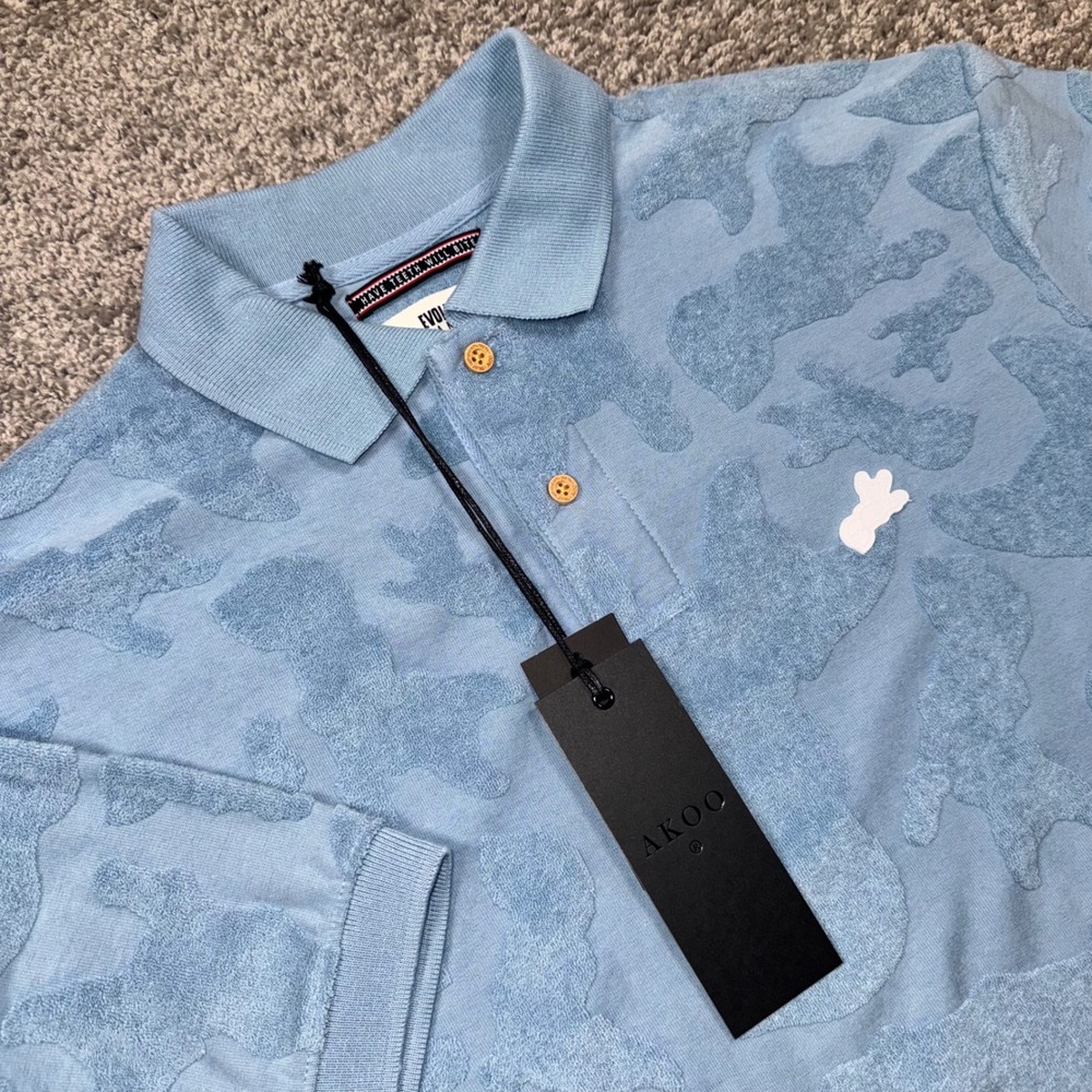 AKOO Connect Short Sleeve Polo Mens Textured Jacquard Knit Allure Blue Large NEW
